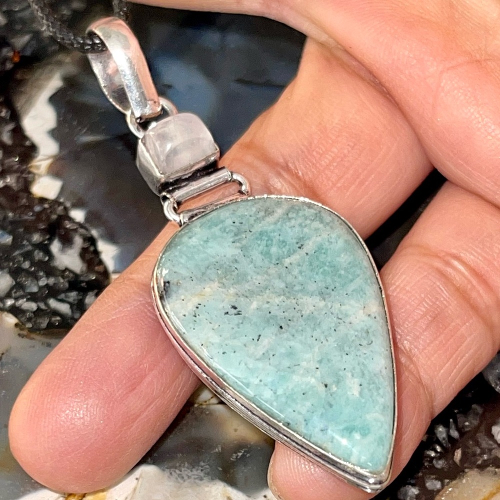 Crystal Pairing of Amazonite & Rainbow Moonstone Pendant 2 1/2”